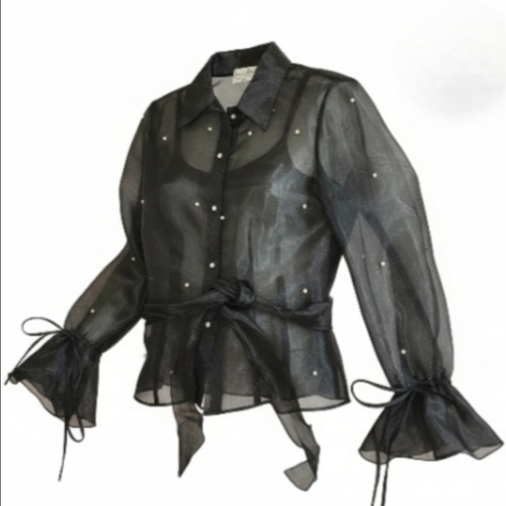 Joseph Ribkoff Black Sheer Organza Blouse Faux Pearls Bell Sleeve Tie Waist NWT4 - Picture 13 of 14